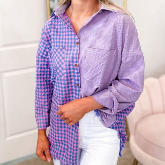 Lightweight Purple & Pink Checkered Plaid Button Down Top, Frayed Hem - Picture 3 of 15